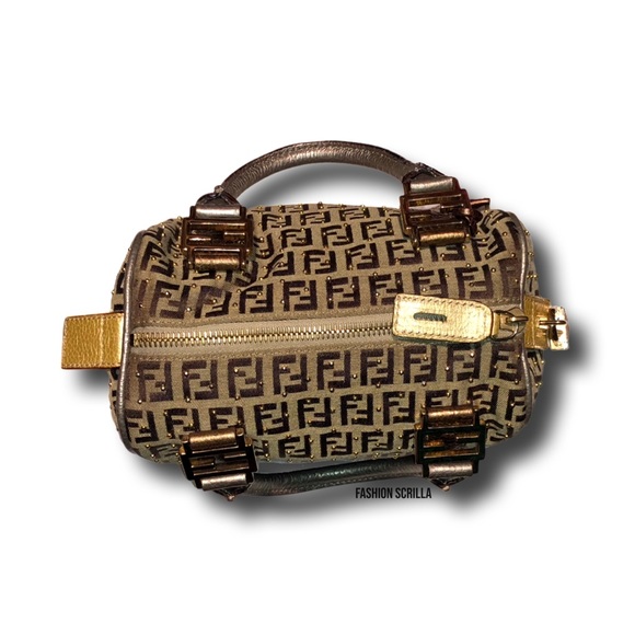 Fendi Zuchino Metallic Tobacco Brown Studded Gold Mini Forever Boston - Picture 10 of 13